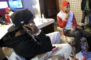 Lets Get It - A$AP Rocky and Swizz Beatz in the green room at 106 &amp; Park, May 8, 2012. (Photo: John Ricard / BET)