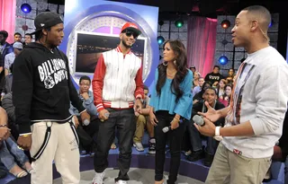 A$AP Gets a Warm Welcome - A$AP Rocky and Swizz Beatz with Rocsi Diaz and Terrence J during commercial break at 106 &amp; Park, May 8, 2012. (Photo: John Ricard / BET)