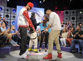 Im Back - A$AP Rocky and Swizz Beatz make their way to the stage at 106 &amp; Park, May 8, 2012. (Photo: John Ricard / BET)
