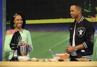 What's That - DeAnna Mayo tells Terrence J. how she came up with the idea for healthy cookies at 106 &amp; Park, May 4, 2012. (Photo: John Ricard / BET)