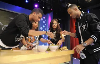 I'm Hungry - Terrence J. steps in during break to check out Chef Roble's tacos and guacamole dip at 106 &amp; Park, May 4, 2012. (Photo: John Ricard / BET)