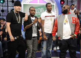 The Crew - MMG members Wale, Meek Mill and Rick Ross with Bad Boy French Montana at 106 &amp; Park, May 2, 2012. (Photo: John Ricard/BET)