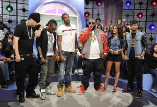 Wow! - MMG members Wale, Meek Mill and Rick Ross with&nbsp;French Montana,&nbsp;Rocsi Diaz and Terrence J at 106 &amp; Park, May 2, 2012.(Photo: John Ricard/BET)