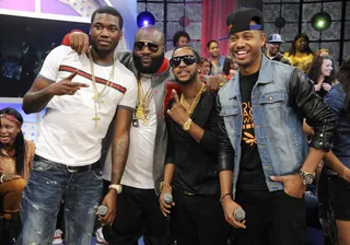 Get It Together - MMG members Meek Mill, Rick Ross, Omarion and host Terrence J at 106 &amp; Park, May 2, 2012. (Photo: John Ricard/BET)