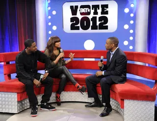 Why Vote? - Lamont Hill talks to Shorty and Paigion about how important it is that every single eligible voter cast a vote tonight at 106 &amp; Park, November 6, 2012. (Photo: John Ricard / BET).