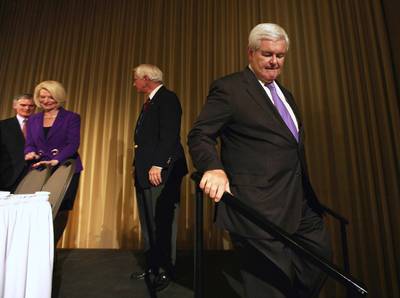 Out, Out Bad Newt - Newt Gingrich is dreaming of a convention fight for the GOP nomination, but in a CNN/ORC&nbsp;poll&nbsp;published March 27, 60 percent of Republicans say that it?s time for the former House speaker to bid the campaign trail adieu. Sixty percent say that Rick Santorum should stay in the race, including more than two-thirds of Republican women.(Photo: Mario Tama/Getty Images)