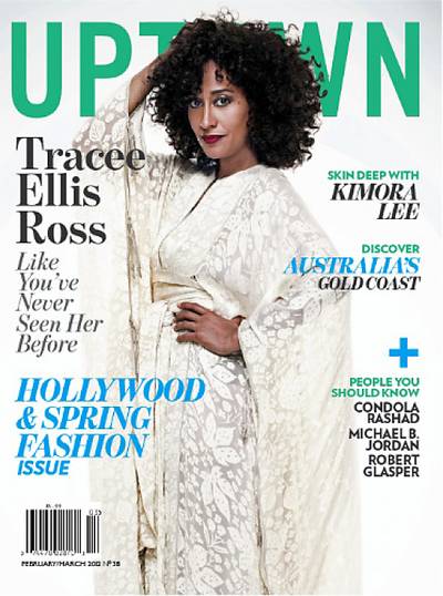 Tracee Ellis Ross on Uptown - The fashion-forward Tracee Ellis Ross is Uptown magazine’s March/April 2012 cover girl,&nbsp;taking on the “Hollywood issue” in a white kimono-style robe with a halo of curls and a striking red lip. The cover story promises to give readers a glimpse of the star “like you’ve never seen her before.”  (Photo: Uptown Magazine)