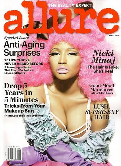 Nicki Minaj on Allure - Allure magazine is known as a destination for hair and makeup tips, and Nicki Minaj makes the perfect choice as its April cover girl. The always colorful superstar shares what inspires her wig selection and her plans to add a fashion line to her growing list of business ventures.  (Photo: Allure Magazine)