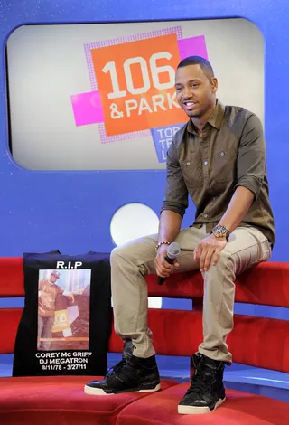 Terrence J - In honor of DJ Megatron's passing last year, Terrence J poses with a RIP DJ Megatron shirt at 106 &amp; Park, March 27, 2012. (Photo: John Ricard / BET)