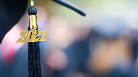 Closeup of a 2021 Graduation Tassel at a graduation ceremony.