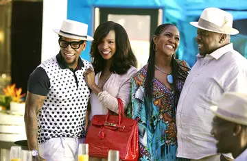 Actors D.L. Hughley, Elise Neal, Terri J. Vaughn, and Cedric The Enteratiner on epsiode 105 of BET's 'The Comedy Get Down'. 