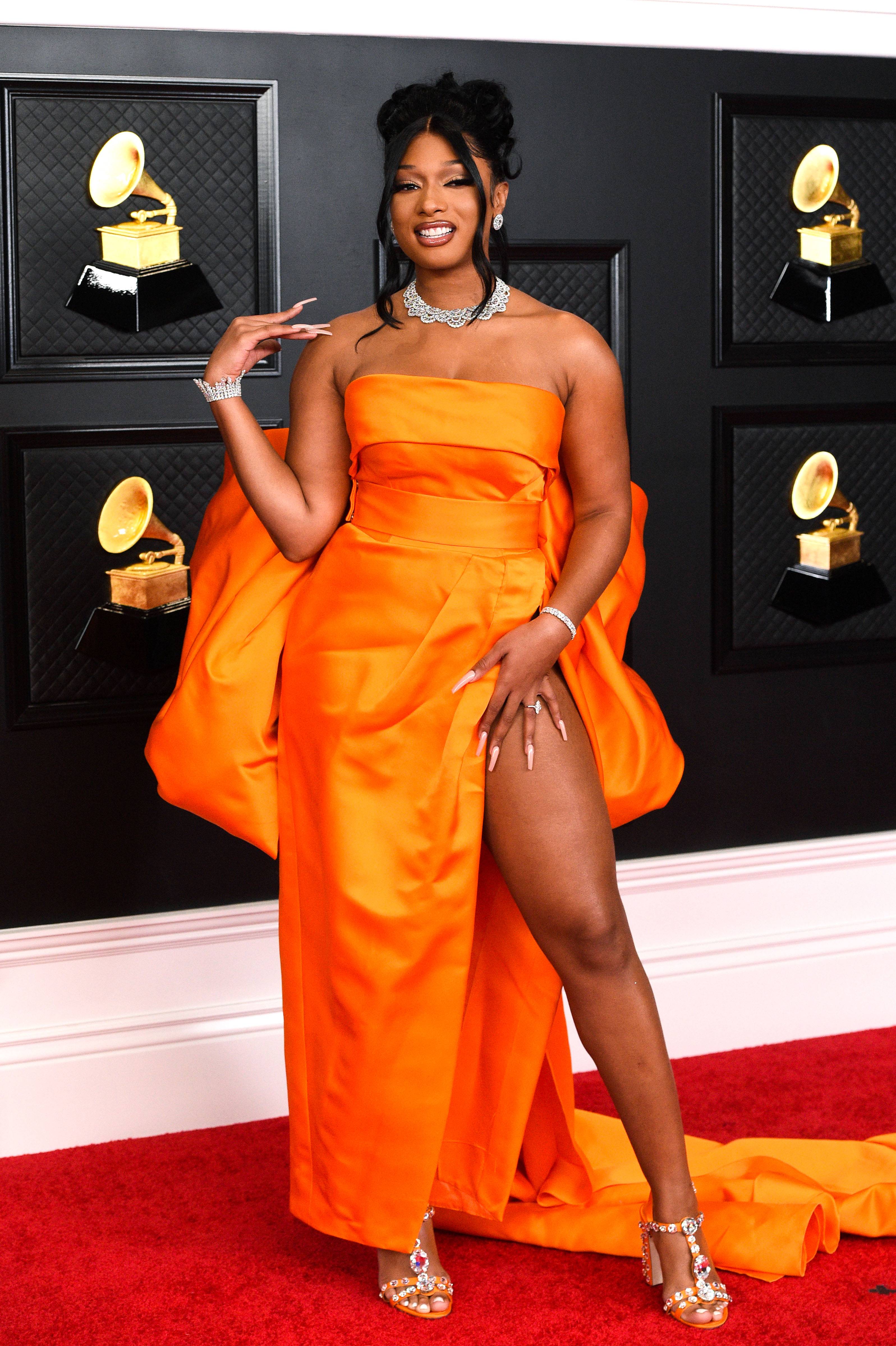 LOS ANGELES, CALIFORNIA - MARCH 14: Megan Thee Stallion attends the 63rd Annual GRAMMY Awards at Los Angeles Convention Center on March 14, 2021 in Los Angeles, California. (Photo by Kevin Mazur/Getty Images for The Recording Academy )