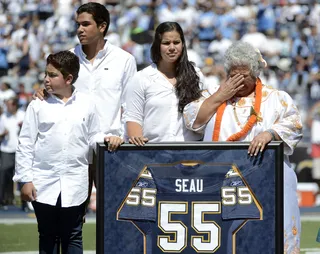 Chargers Retire Junior Seau’s Jersey - In an emotional tribute last week, the San Diego Chargers retired Junior Seau’s jersey before the team’s home opener against the Tennessee Titans.&nbsp;  (Photo: Donald Miralle/Getty Images)
