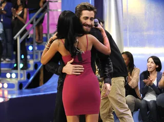 Hugs - Jake Gyllenhaal gives Jazzy and warm embrace at 106 &amp; Park, September 14, 2012. (Photo: John Ricard / BET).