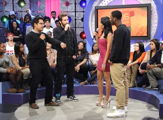 Live On Set - Jake Gyllenhaal and Michael Pena with Shorty Da Prince and Jazzy at 106 &amp; Park, September 14, 2012. (Photo: John Ricard / BET).