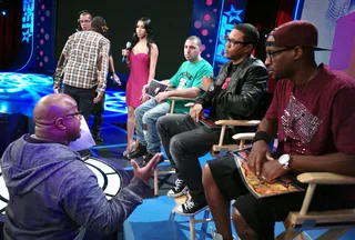 The Judges Deliberate - Producer Pat Charles reviews judging guidelines with Freestyle Friday Judges Termanology, Ian Holder and Master Ace at 106 &amp; Park, September 14, 2012. (Photo: John Ricard / BET).