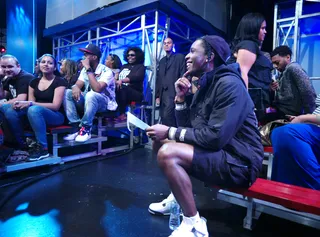 On Break - ASAP Rocky laughs as Mike Epps cracks jokes during commercial break at the BET Hip Hop Awards Nominations announcements at 106 &amp; Park, September 12, 2012. (Photo: John Ricard / BET)