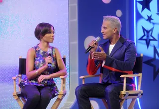 Whoa There - Angel Lenise and Jay Manuel discuss the Fashion Week during commercial break at 106 &amp; Park, September 10, 2012. (Photo: John Ricard / BET)