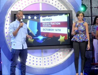 How Special - Kevin Thompson and Angel Lenise remind the audience that the last day to register to vote in Nevada is October 16, at 106 &amp; Park, September 10, 2012. (Photo: John Ricard / BET)