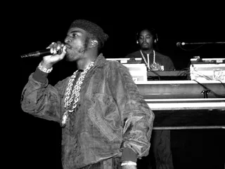 "Lyrics of Fury" - Accompanied by a blizzardous sample of James Brown's "Funky Drummer," Rakim's offers head-spinning proof that he is a lyrical master.&nbsp; (Photo: David Corio/Michael Ochs Archives/Getty Images)