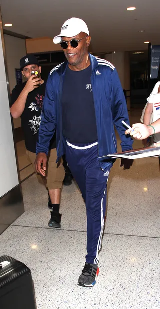 On the Go - Samuel L. Jackson&nbsp;was all smiles as he arrived at Los Angeles International Airport (LAX).&nbsp;(Photo: WENN.com)
