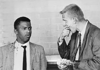 John Lewis Wounded During Freedom Riders Protest - John Lewis and Minister James Zwerg after being attacked and beaten by pro-segregationists in Montgomery, Alabama during the early 1960s.