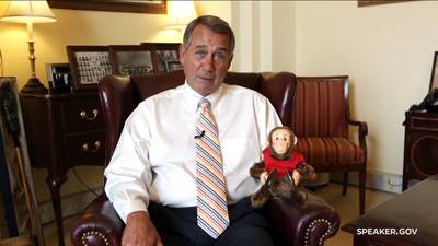 The Lighter Side of John Boehner - Often-curmudgeonly House Speaker John Boehner is co-starring in a video released from his office with a wind-up monkey gifted to him by his staff. They bought the toy in 2001 after Boehner joked in an interview that there are days when he feels like a wind-up toy because of his busy schedule. &quot;The Monkey in the Room&quot; shows him talking to three little girls, &quot;That's what I do all day! Every 15, 30, minutes, they come in and wind me up, and I do my thing.&quot;   (Photo: Speaker.gov)