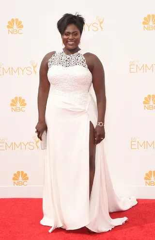 Danielle Brooks - The Orange is the New Black star shines bright in her ivory Nathaniel Paul halter gown with pretty lace neckline.(Photo: Jason Merritt/Getty Images)