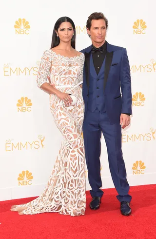 Camila and Matthew McConaughey&nbsp; - Model Camila McConaughey is radiant in her sheer Zuhair Murad gown with lace overlay. Her movie star hubby certainly looks the part in his crisp Dolce &amp; Gabbana tux.(Photo: Jason Merritt/Getty Images)