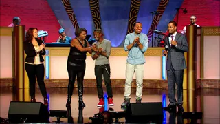 That Winning Feeling - The contestants come together to see who will win this round of Apollo Live.  (Photo: BET)