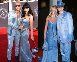 Throwback Fashion (Part II) - We’d be remiss if we didn’t mention Katy Perry&nbsp;and Riff Raff’s (both in custom Versace)&nbsp;awesome recreation of the denim look Britney Spears and Justin Timberlake rocked in 2001. It’s the gift that keeps on giving. (Photos from left: Jason Merritt/Getty Images for MTV, Jeffrey Mayer/WireImage)
