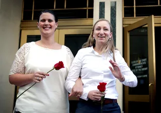 Virginia - Gay couples began marrying in Virginia on Oct. 6. Lindsey Oliver and Nicole Pries celebrated their three-year anniversary of their commitment ceremony by becoming the first same-sex couple to receive a marriage license issued from the Richmond Circuit Court Clerk’s office.(Photo: Alex Wong/Getty Images)