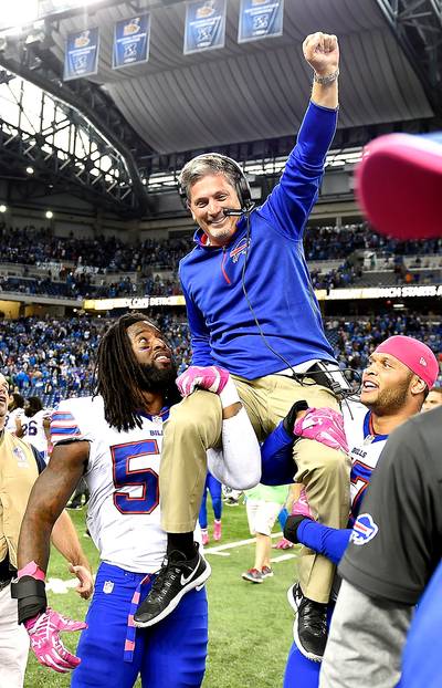 Bills Carry Jim Schwartz Off Field After Win Over Lions - The Buffalo Bills rallied from a 14-3 halftime deficit to shock the Detroit Lions on a game-winning 58-yard field goal to get a 17-14 road victory on Sunday. After the game, Bills players carried defensive coordinator and former Lions head coach&nbsp;Jim Schwartz&nbsp;off the field in celebration.&nbsp;(Photo: Joe Sargent/Getty Images)