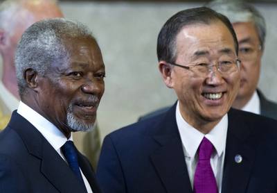 U.N. Secretary General Ban Ki-moon and Predecessor Kofi Annan - (Photo: Haraz N. Ghanbari/Pool/LANDOV)