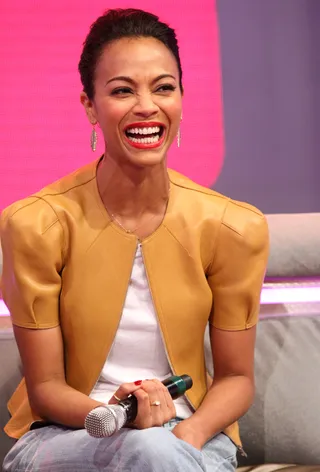 We Love to See You Smile - Actress Zoe Saldana enjoys herself on 106. (Photo: Bennett Raglin/BET/Getty Images)