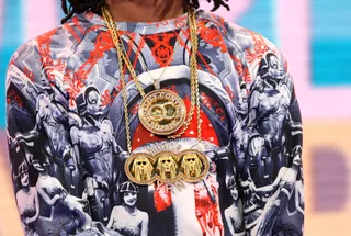 Respect - Quavo's paying tribute to the motherland with Egyptian inspired jewelry on 106. (Photo: Bennett Raglin/BET/Getty Images)