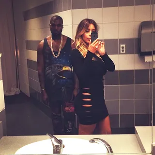 Kim Kardashian @kimkardashian - &quot;Bathroom selfie right before Yeezus hits the stage&quot; Selfie queen Kim Kardashian takes a flick with her man before the face mask goes on and he morphs into Yeezus.(Photo: Kim Kardashian via Instagram)