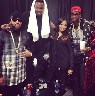 Monica @monicamylife - This bunch went to go see Yeezus too. Songstress Monica kicks it back stage with the fellas at Kanye's concert.(Photo: Monica via Instagram)