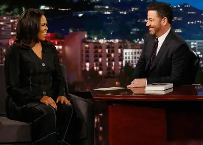 All-Black Everything - This former first lady is legit our style icon. Last night (Nov. 15), Michelle Obama hit the Jimmy Kimmel Live! stage wearing a custom, black-on-black, striped&nbsp;LOEWE suit with black accents. (Photo: Jimmy Kimmel)