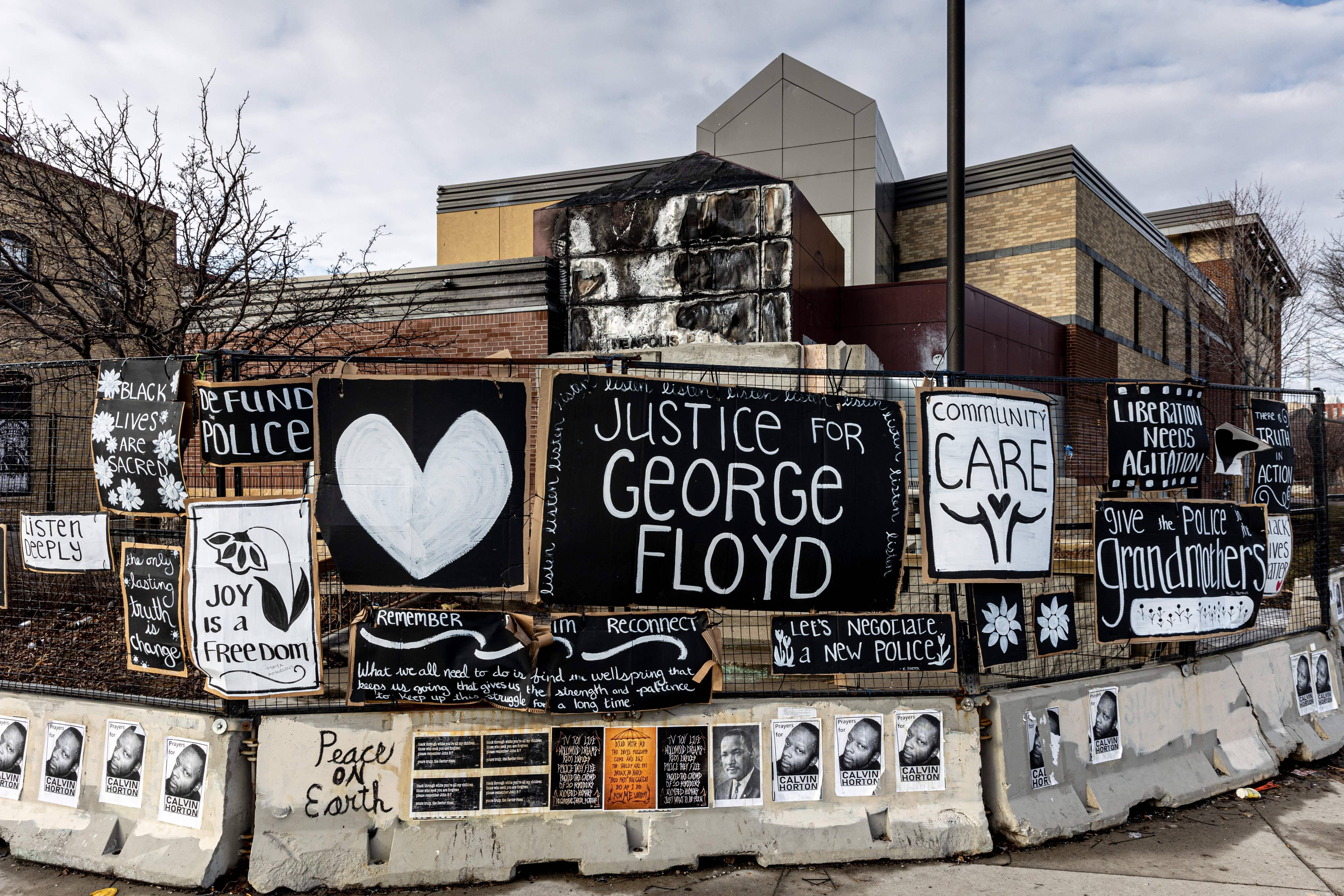 A general view is seen of the burned and destroyed Third Police Precinct on March 11, 2021 in Minneapolis, Minnesota, as the precinct building was  burned May 2020 during the protests after the death of George Floyd. - A Minnesota judge on March 11, 2021 added an additional murder charge against Derek Chauvin, the police officer on trial for the death of George Floyd. Chauvin, 44, is already facing charges of second-degree murder and manslaughter in connection with Floyd's May 25, 2020 death in Minneapolis. (Photo by Kerem Yucel / AFP) (Photo by KEREM YUCEL/AFP via Getty Images)