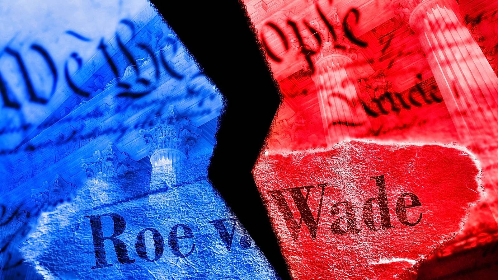 Torn red and blue Roe V Wade newspaper headline on the United States Constitution and Supreme Court - stock photo
Torn Roe V Wade newspaper headline in red and blue on the US Constitution with the United States Supreme Court in background
