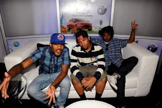 Pac Div - West Coast rappers Mibbs, BeYoung and Like of Pac Div grab a seat Friday in the Ford Focus Social Media Lounge.(Photo: Phil McCarten/PictureGroup)