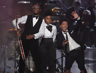 Grammy Family February 13, 2011 - Bruno Mars teamed up with Janelle Monae and B.o.B at the 53rd Annual Grammy Awards held at the Staples Center in Los Angeles. The three new artists gave the crowd a taste of the new face of pop music.&nbsp;(Photo: Cliff Lipson/CBS/Landov)