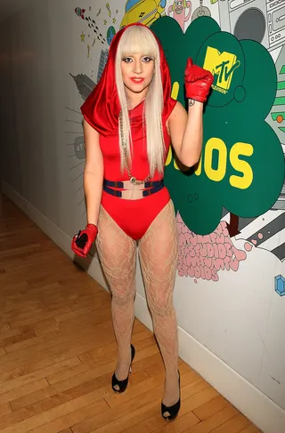 Going Gaga - The crowd went gaga for Gaga when she wore this red hooded leotard back in 2008 to MTV's TRL.(Photo: Scott Gries/Getty Images)