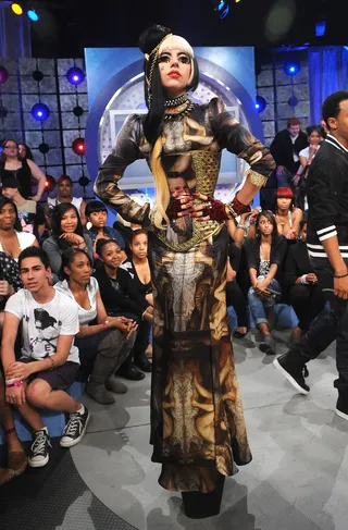 Look at Me... - Lady Gaga knows how to grab our attention, as she did when she wore this stunning gown to a taping of 106 and Park.(Photo: Brad Barket/PictureGroup)