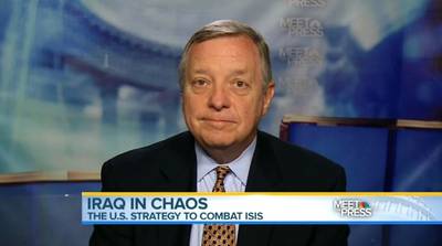 Only Iraq Can Save Iraq - Speaking on NBC's Meet the Press, Senate Majority Whip Dick Durbin (D-Illinois) said that escalating the U.S. mission in Iraq is not an option. &quot;Escalating it is not in the cards. Neither the American people nor Congress are in the business of wanting to escalate this conflict beyond where it is today,&quot; he said. Durbin, who supports the limited intervention, also said, &quot;The bottom line is this: there is so much that we can do to help the Iraqis help themselves. But ultimately, they have to save their own country.&quot;  (Photo: Meet the Press via NBC)