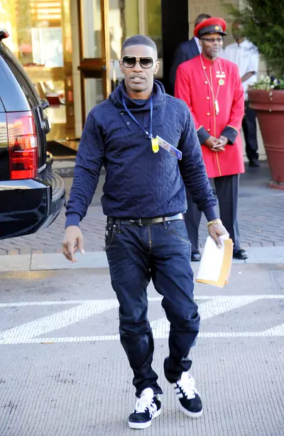 Celebrity Salute - Jamie Foxx leaves the Mandarin Oriental Hotel as he heads to co-host the Concert for Valor in Washington, D.C.(Photo: Gene Young / Splash News)