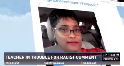 Teacher Placed on Unpaid Leave for Racial Ferguson Tweet - &quot;Who the [expletive] made you dumb duck [expletive] crackers think I give a squat [expletive] about your opinions about my opinions RE: Ferguson? Kill yourselves.&quot; This was the tweet that got English teacher Vinita Hegwood of Duncanville High School in Texas in trouble. School officials put Hegwood on administrative leave without pay. Hegwood?s account has been shut down since, according to USA Today.   (Photo: ABC NEWS8 WFAA-TV)