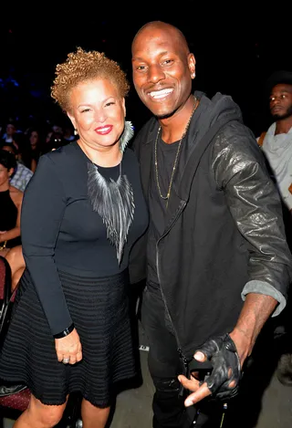Debra Lee and Tyrese - Debra Lee with Tyrese Gibson in between takes. (Photo: Earl Gibson/BET/Getty Images for BET)