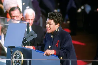 Maya Speaks at President Bill Clinton's Inauguration - On Jan. 20, 1993, Maya Angelou recited her poem &quot;On the Pulse of Morning&quot; at President Bill Clinton's inauguration. She was only the second poet to ever perform in a president's&nbsp;inauguration. In February 1993, she won her first Grammy for Best Spoken Word or Non-Musical Album for the poem. She also recited &quot;From a Black Woman to a Black Man&quot; at the Million Man March in 1995 in Washington, D.C.&nbsp;(Photo: Consolidated News Pictures/Hulton Archive/Getty Images)